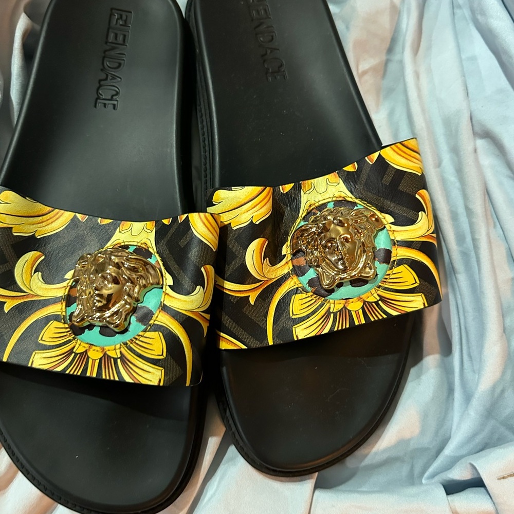 Versace Black and Gold Medusa Slide Sandals